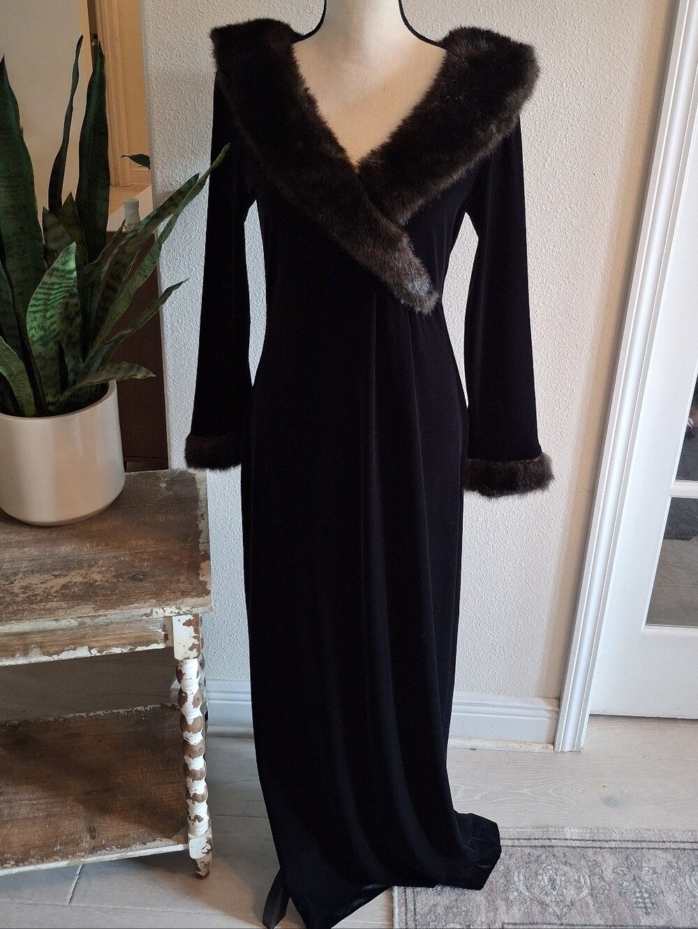 Vintage Patra Black Velvet Long-Sleeve Gown with Faux Fur Trim